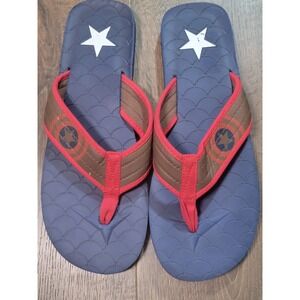 Marvel Captain America Mens Flip Flops Blue Red Brown Shield Star Sandals 11.5in